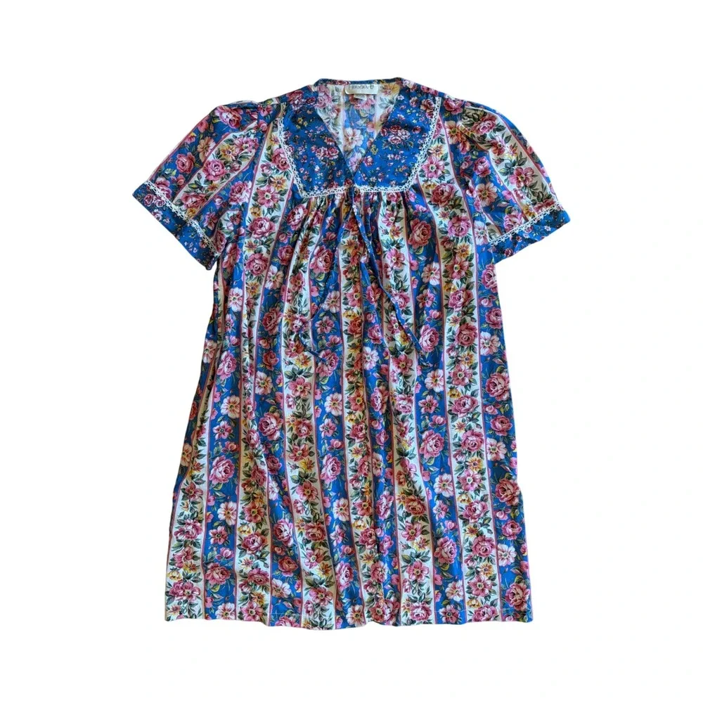 Vintage House Dress Floral Stripe Duster Herbcraft II Blue Pink Snap Front Med